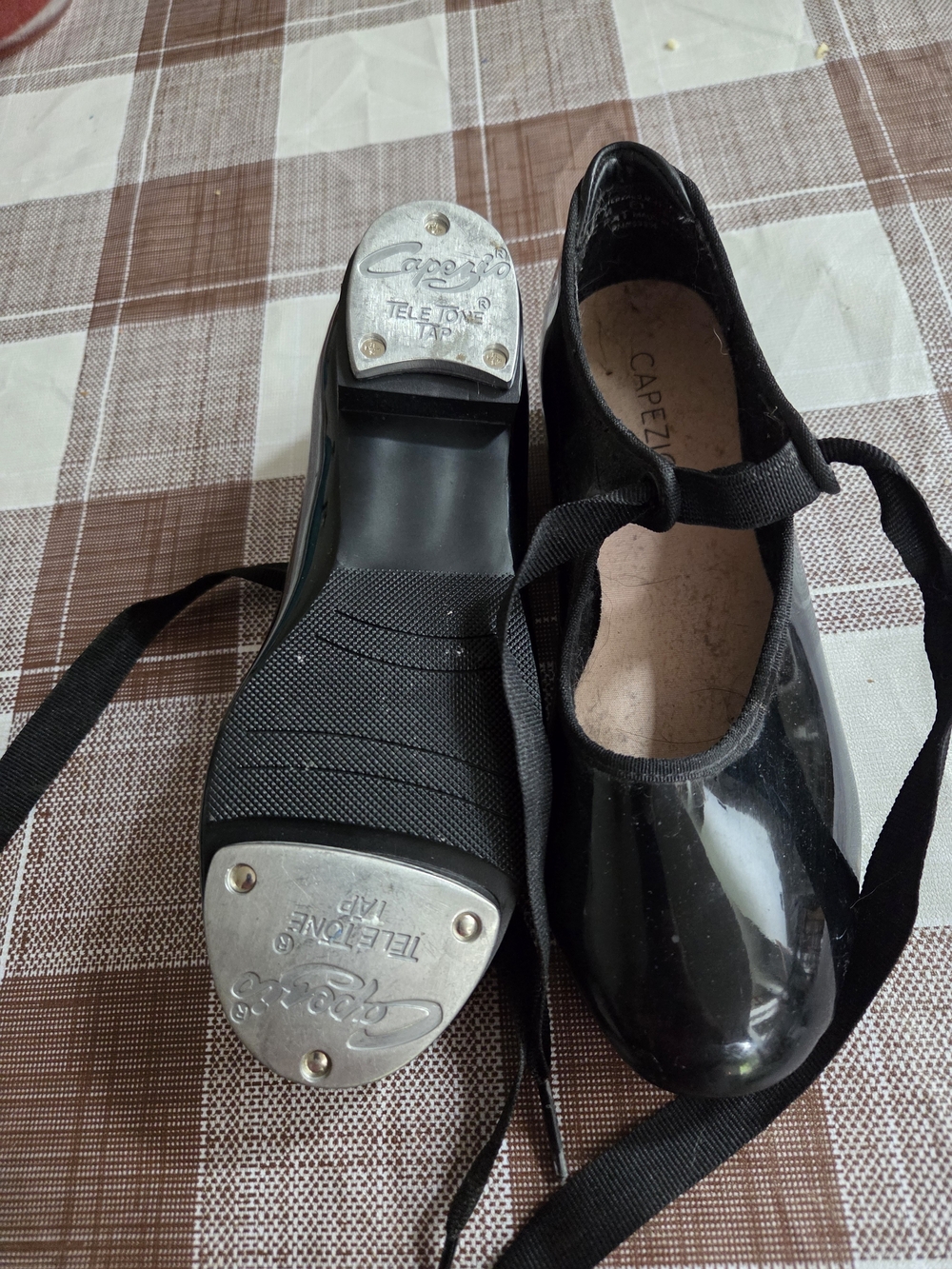 Capezio Black Patent Tap Flats with Ribbon Ties